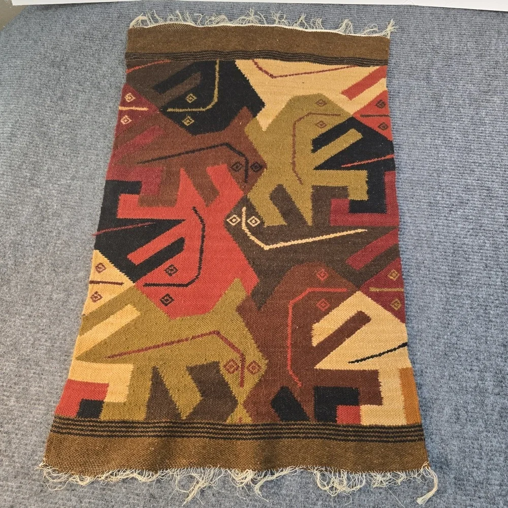 Vintage South American Handwoven Lizard Iguana Tapestry Rug Escher Style 23x35